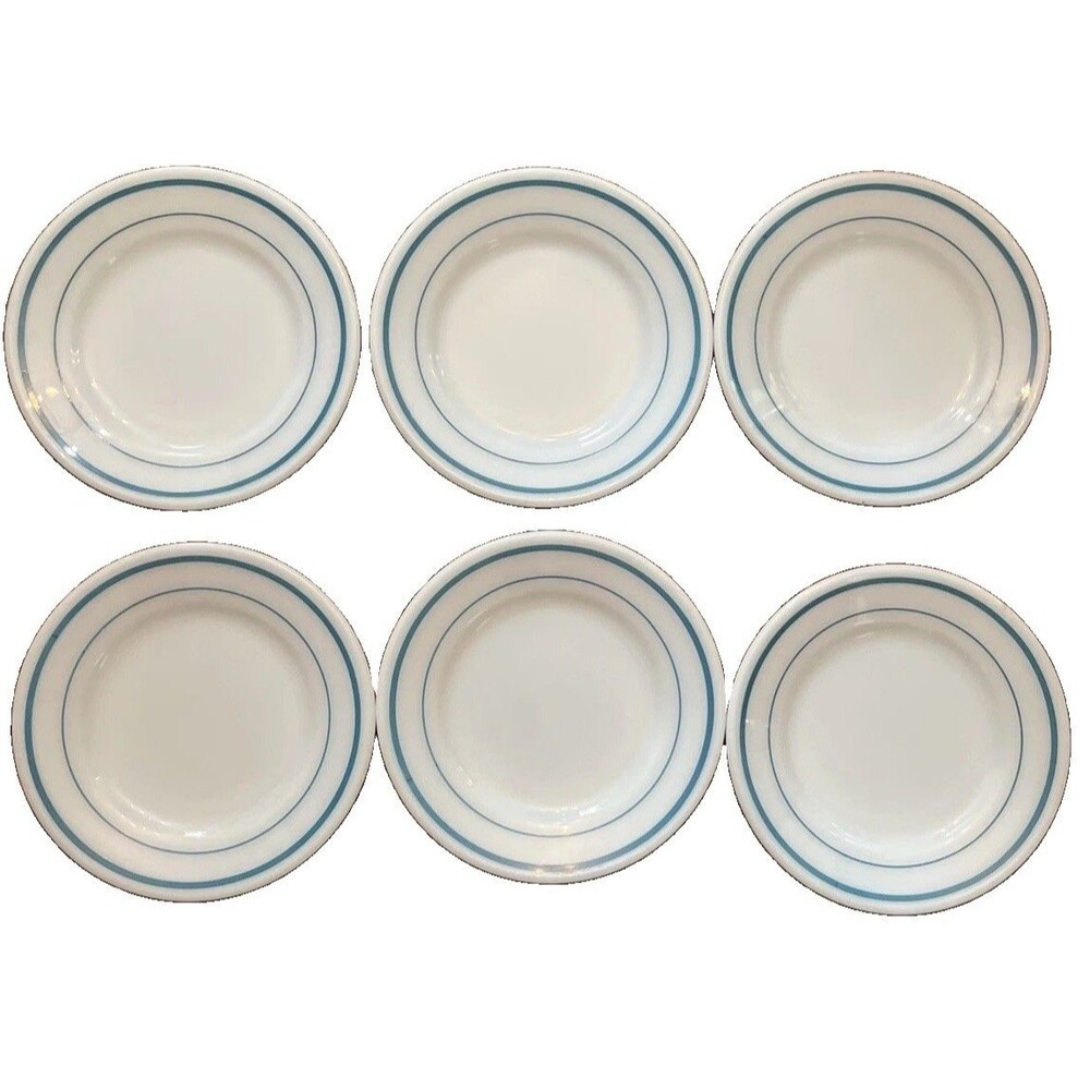 PYREX Tableware by Corning Plate Set of 6 White Teal Blue Stripe 6.75 Round USA